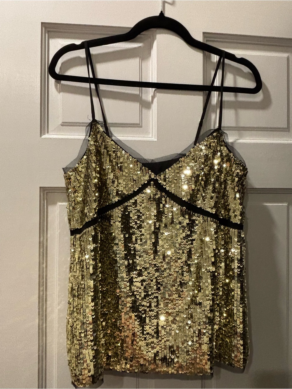 J. Crew Gold Sequin Spaghetti-Strap Tank with Black Trim
